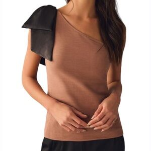 Maeve for Anthropologie‎ Womens XXS One Shoulder Top Beige Brown Bow Accent